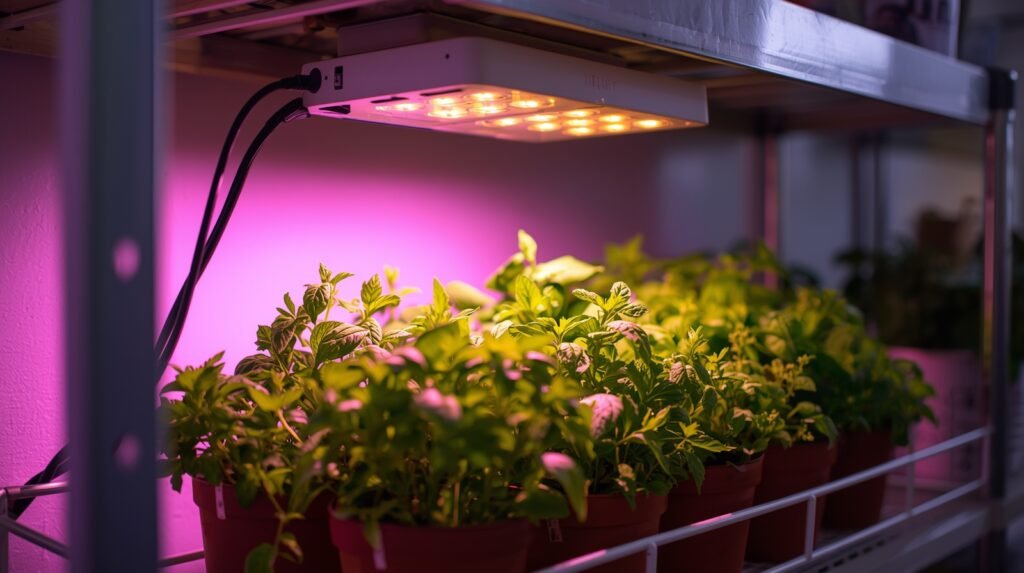 A small, inexpensive LED clip-on grow light illuminating potted basil and parsley herbs on a shelf, demonstrating a budget-friendly lighting solution for the best herbs for growing indoors.