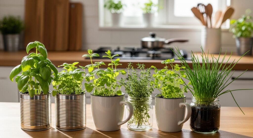 A cozy indoor kitchen windowsill filled with basil, mint, parsley, chives, and thyme growing in recycled pots and jars — a budget-friendly setup showing the best herbs for growing indoors.