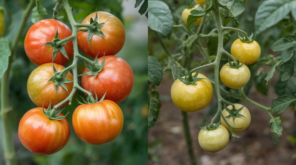 Healthy tomatoes versus stunted tomatoes caused by poor Companion Plants for Tomatoes