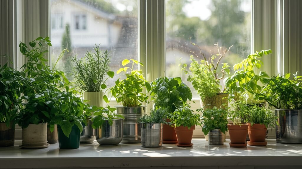 A vibrant collection of healthy, thriving indoor herbs in various budget-friendly pots on a sunny kitchen counter, conveying the successful and rewarding experience of growing the best herbs for growing indoors.