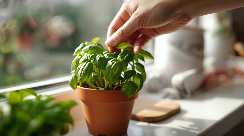 A hand harvesting fresh basil from a small potted plant on a sunny kitchen windowsill, demonstrating the ease of growing the best herbs for growing indoors for cooking.