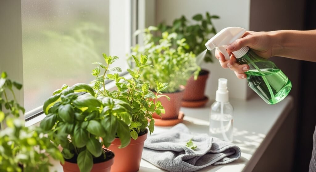 A person spraying neem oil on healthy indoor herbs like basil and mint in small terracotta pots near a sunny window, showing natural pest and disease prevention methods for the best herbs for growing indoors.