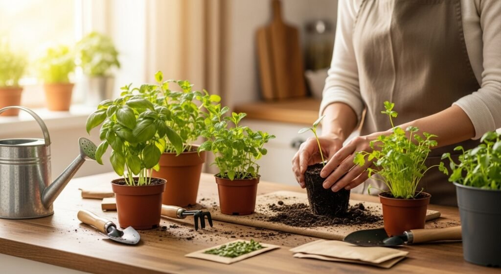 A person planting basil, mint, parsley, and cilantro seedlings into small pots on a wooden kitchen table with natural sunlight, gardening tools, and seed packets — a realistic home setup for growing the best herbs for growing indoors.
