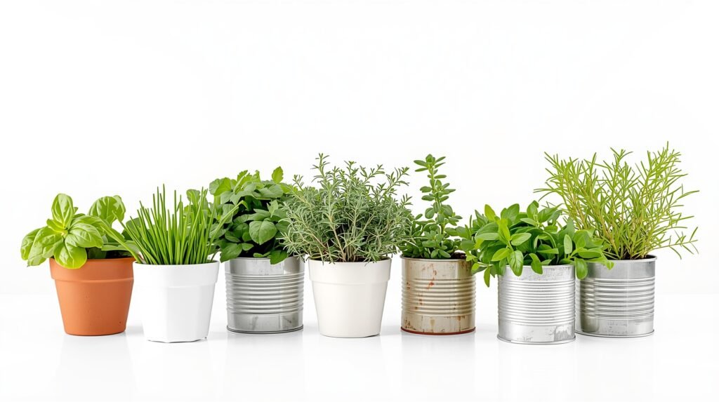 A studio shot displaying seven individual potted herb plants including Basil, Mint, Chives, Oregano, Thyme, Parsley, and Rosemary, illustrating the best herbs for growing indoors for beginners.