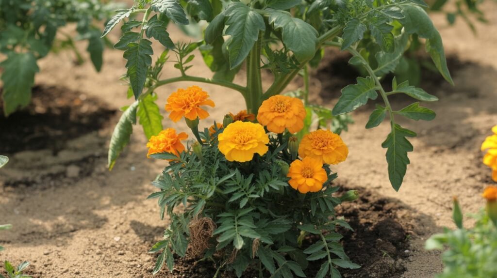 French marigold planted at the base of a tomato plant for pest control.