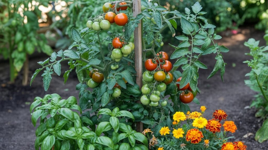 Healthy tomato plant with basil and French marigolds, showing companion plants for tomatoes