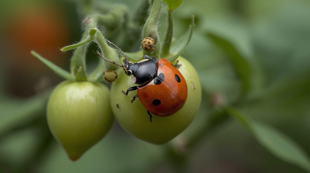 Ladybug preying on aphids on a tomato leaf, demonstrating natural pest control.