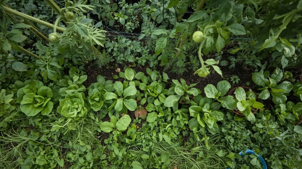 Lettuce growing as living mulch under tomato plants, suppressing weeds and retaining moisture.