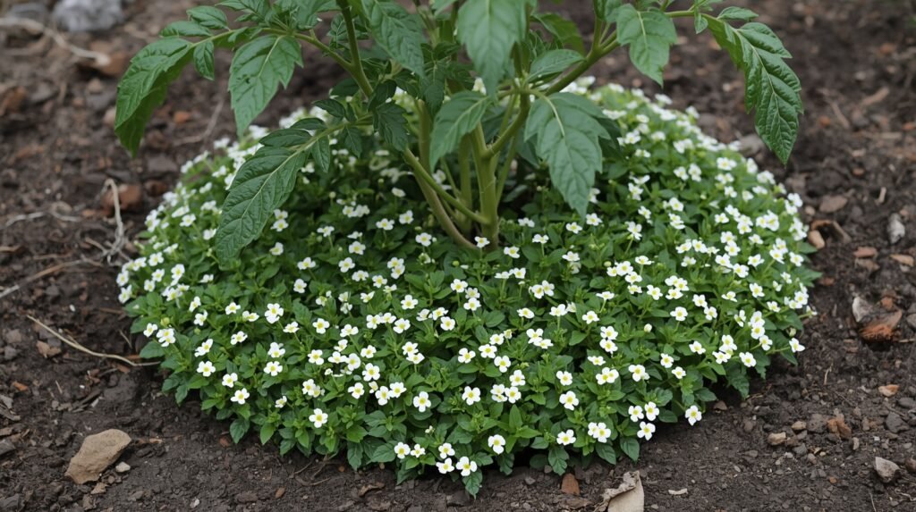 Sweet alyssum creating a dense groundcover under a Companion Plants for Tomatoes for weed suppression.