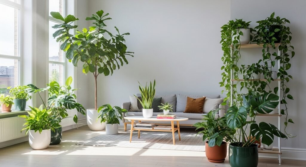 A modern living room with various healthy air purifying plants, including a large snake plant and a leafy peace lily, enhancing the decor.