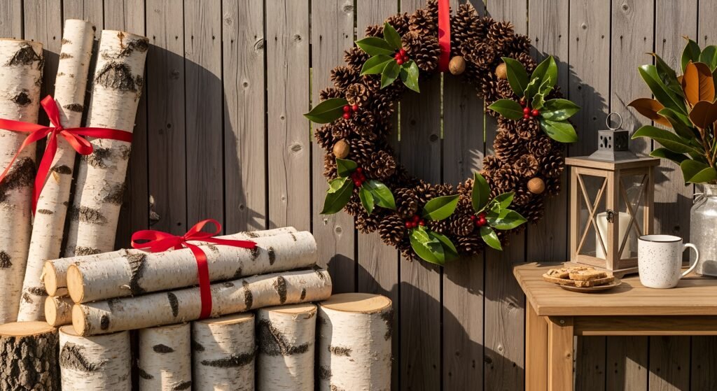Backyard Christmas garden decorations using birch logs, pinecones, holly, and natural garlands, featuring subtle garden Christmas lights USA for eco-friendly outdoor Christmas decor ideas.
