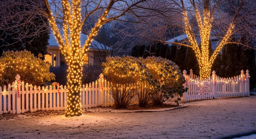 Front yard beautifully lit with sparkling Christmas garden decorations and garden Christmas lights USA, showcasing warm white string lights wrapped around trees and bushes — perfect outdoor Christmas decor ideas.
