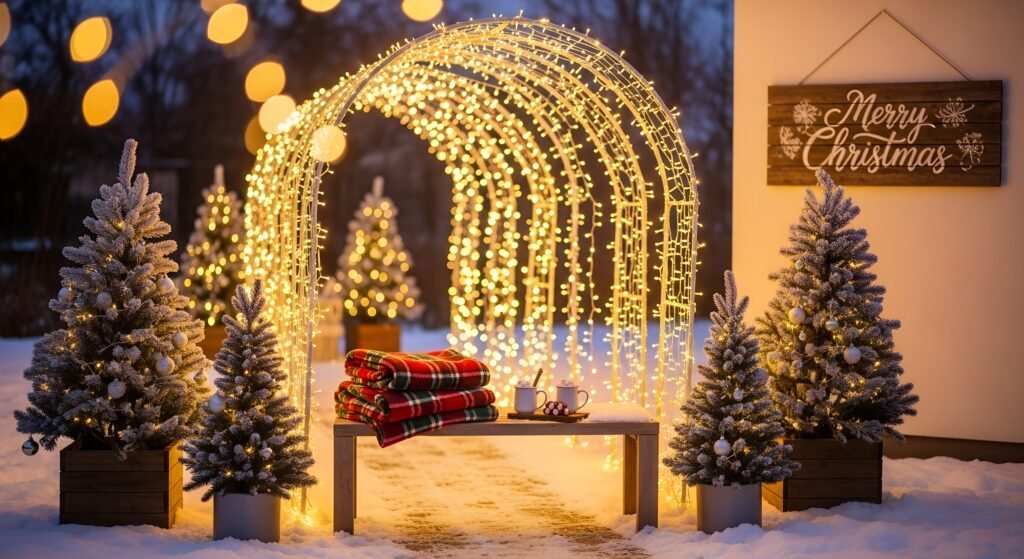 Backyard Christmas garden decorations with glowing fairy light arch, small pine trees, wooden bench with plaid blankets, and warm evening lighting — perfect for outdoor Christmas decor ideas, Christmas garden decorations, and garden Christmas lights USA.