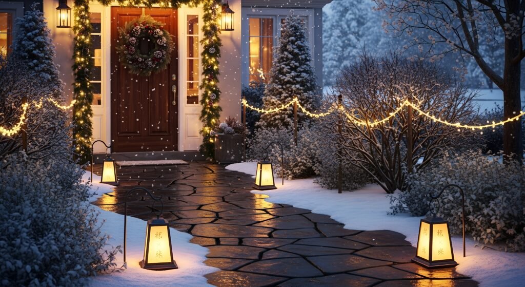 Garden pathway lined with lanterns, rope lights, and subtle fairy lights, creating cozy Christmas garden decorations and outdoor Christmas decor ideas with garden Christmas lights USA.
