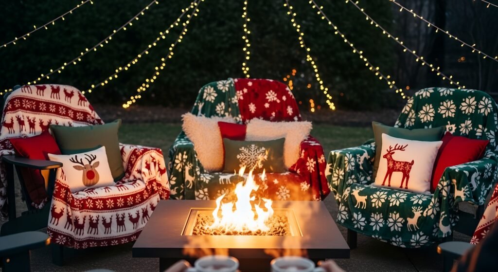 Backyard Christmas garden decorations featuring a lit fire pit, festive seating, warm blankets, and subtle garden Christmas lights USA — perfect outdoor Christmas decor ideas.