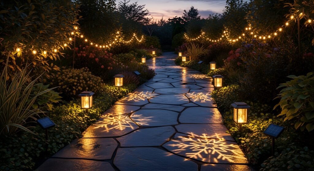 Solar-powered Christmas garden decorations lighting a backyard pathway at dusk, featuring energy-saving garden Christmas lights USA — perfect outdoor Christmas decor ideas.