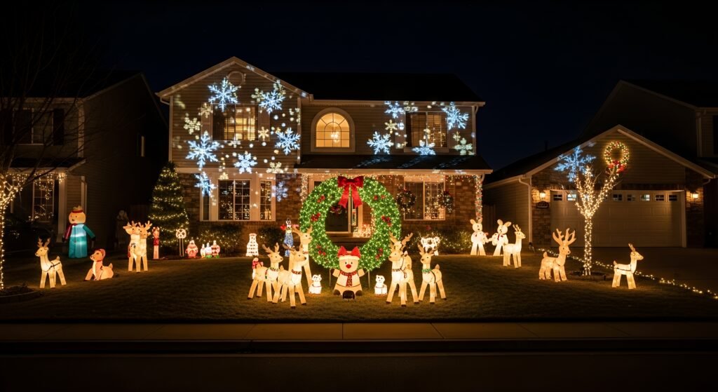 Front yard with a large illuminated wreath, animated light projections, and inflatables — showcasing Christmas garden decorations, garden Christmas lights USA, and standout outdoor Christmas decor ideas.