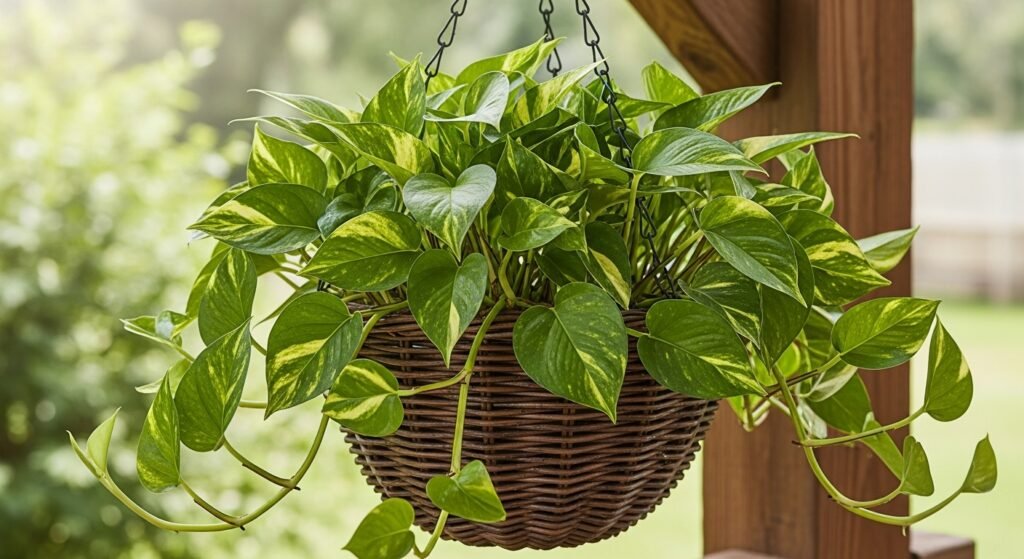 Golden Pothos plant with cascading variegated leaves, perfect for a low-maintenance hanging basket.