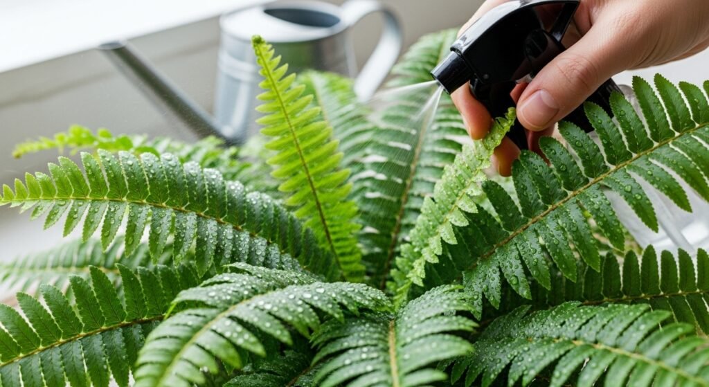 A hand gently misting a lush Boston Fern, demonstrating proper care for air purifying plants.
