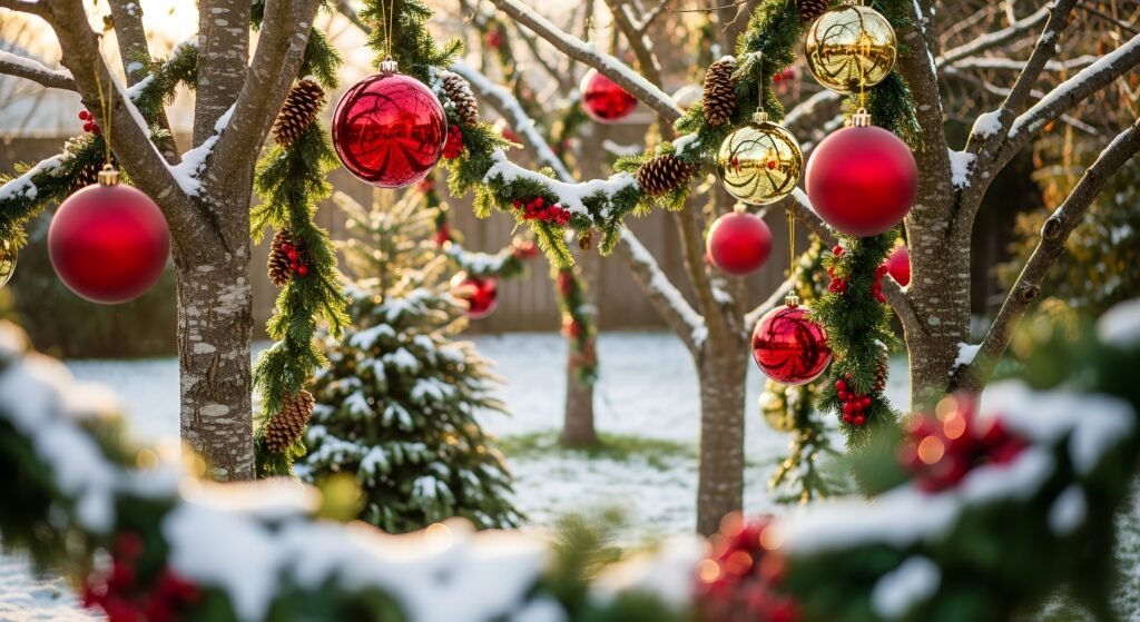 Garden trees and shrubs decorated with large shatterproof ornaments, natural garlands, and fairy lights, showcasing Christmas garden decorations and garden Christmas lights USA — ideal outdoor Christmas decor ideas.