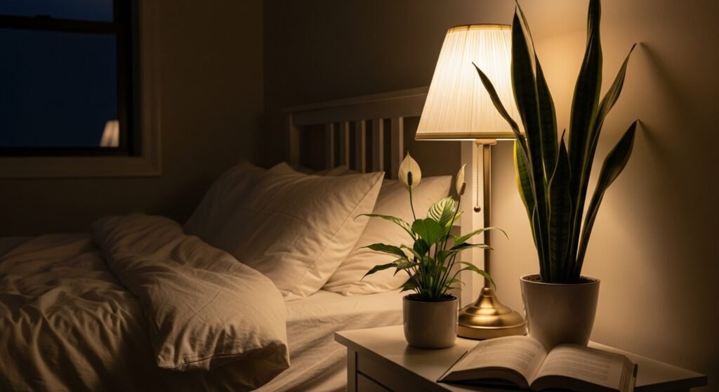 A peaceful bedroom at night with air purifying plants on the bedside table, creating a serene environment.