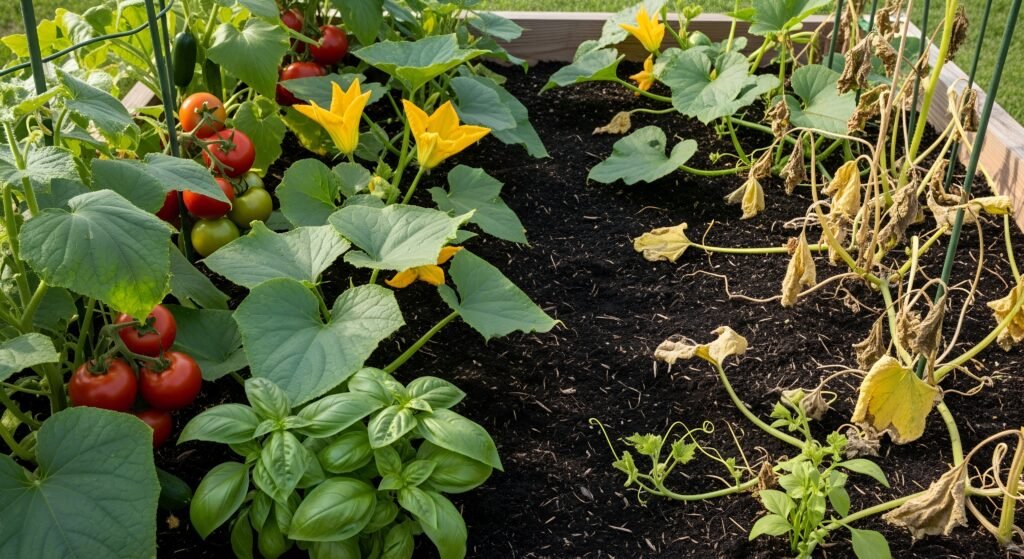 Raised bed garden with mixed vegetables, some thriving and others wilted, showing problems of incompatible interplanting.