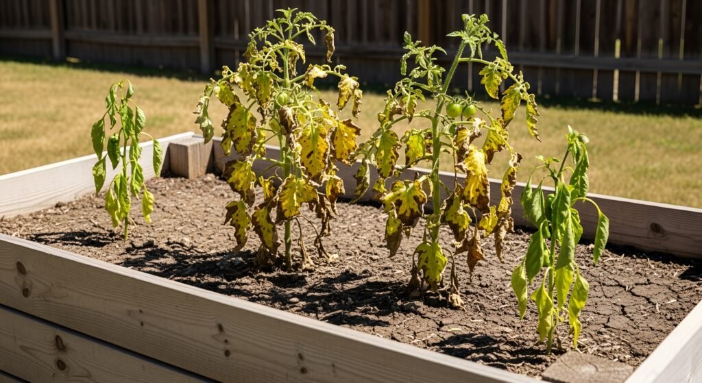 Raised bed garden with plants exposed to sun and pests, lacking PVC hoops or seasonal protective covers.