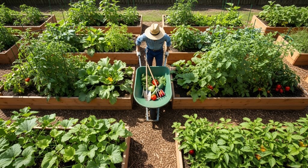 Raised bed garden with narrow aisles, a gardener struggling to fit a wheelbarrow between beds with lush vegetables.