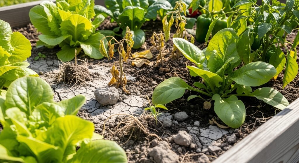 Raised bed garden with uneven plant growth and dry soil patches due to lack of drip irrigation.