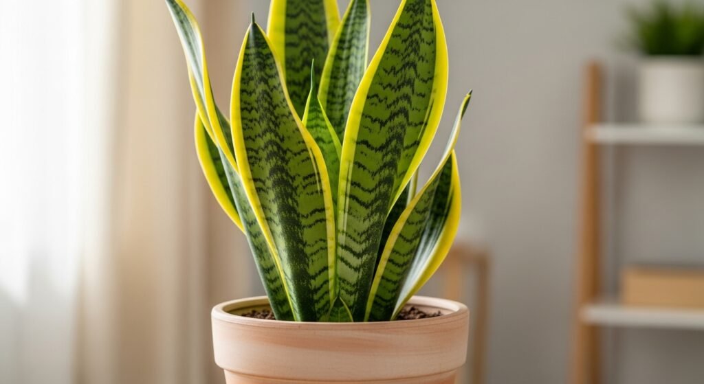 a vibrant Snake Plant, highlighting its unique upright leaves, known for air purification.