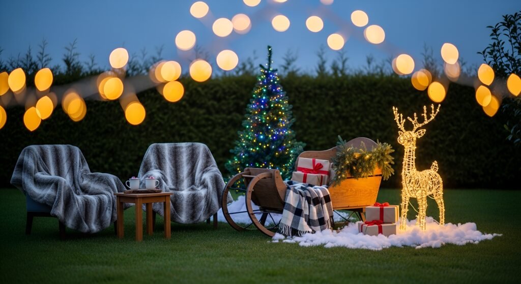 Backyard corner decorated as a winter wonderland with miniature Christmas village, sleigh, reindeer, and glowing lights — perfect Christmas garden decorations and garden Christmas lights USA for outdoor Christmas decor ideas.