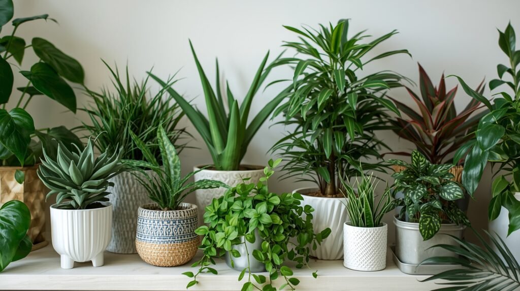 various small air purifying plants, including a ZZ plant and Aloe Vera, creating an attractive indoor garden.