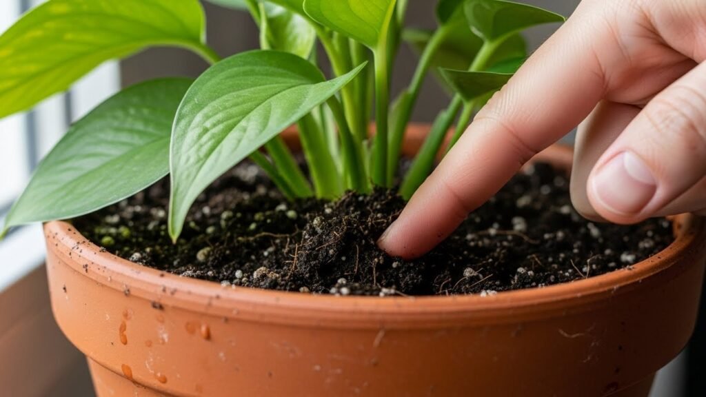 Checking soil moisture before watering plants to prevent overwatering
