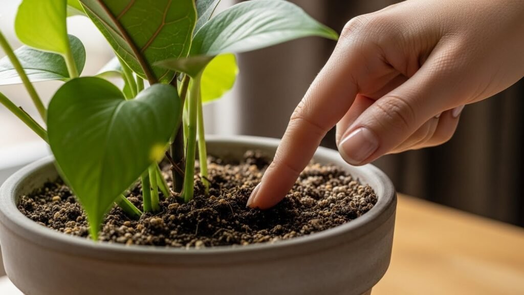 Checking soil moisture before watering indoor plants in winter