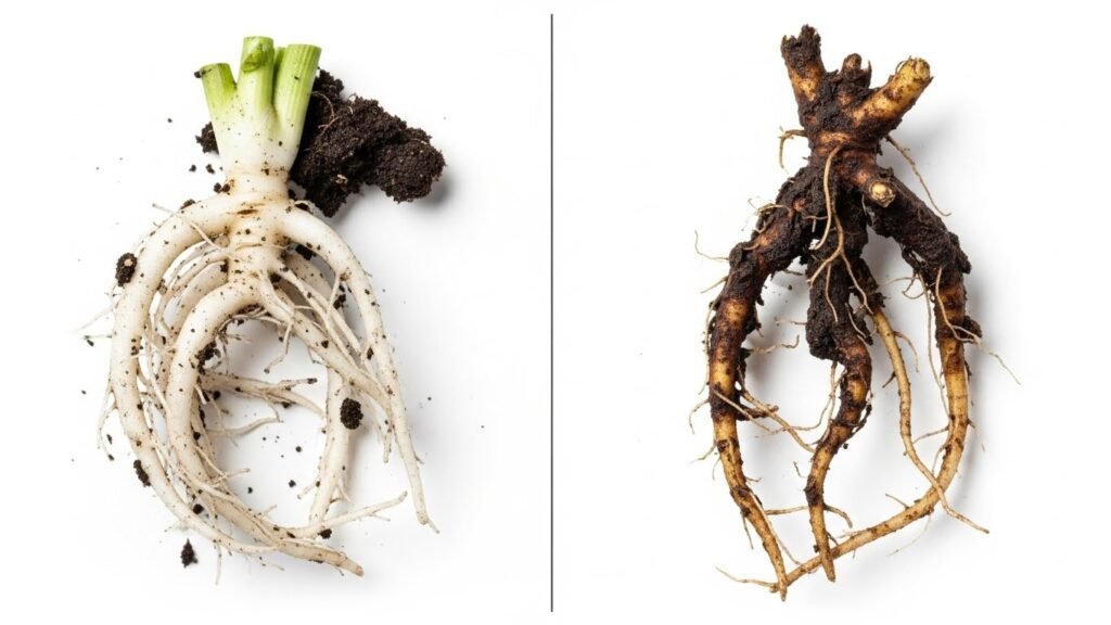 Healthy plant roots compared to rotting roots caused by overwatering