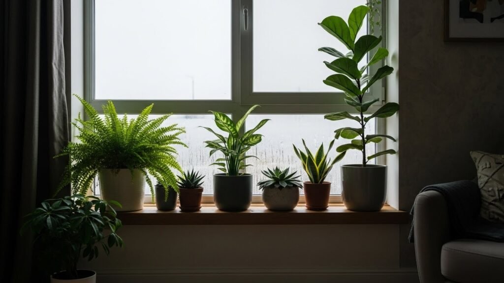 Indoor plants receiving low light during winter months