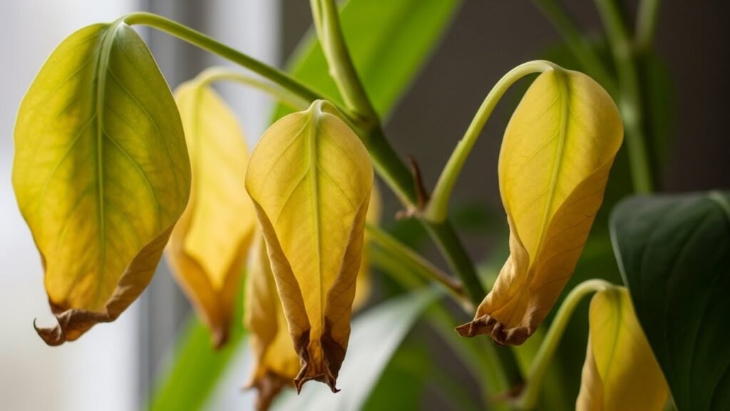 Yellow and drooping leaves caused by overwatering plants