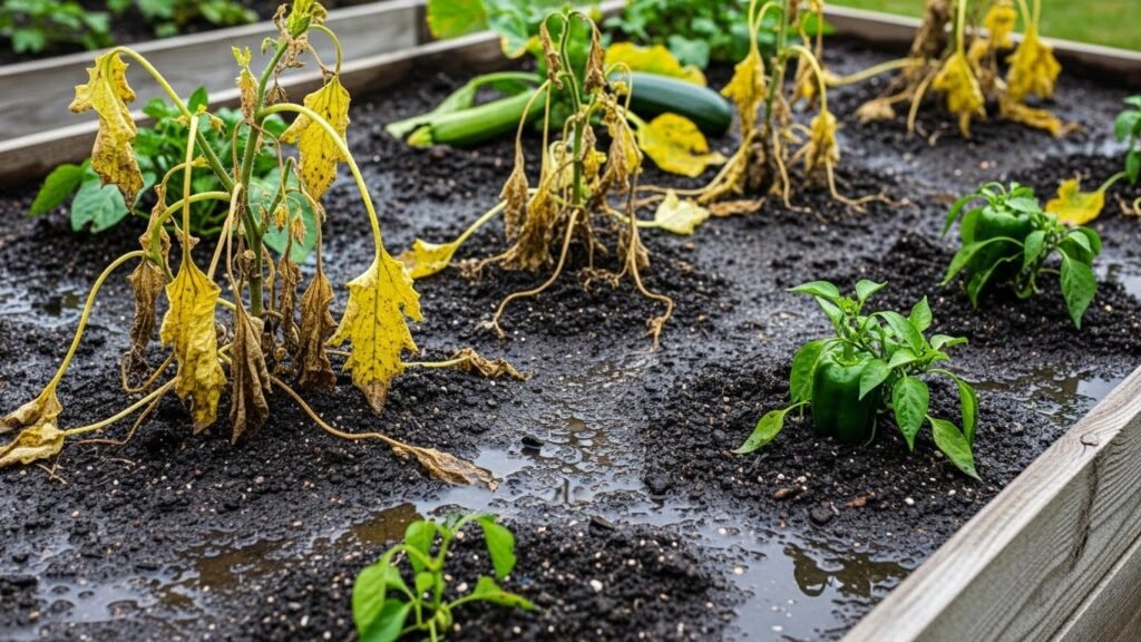 Overwatered raised bed garden showing soggy soil and unhealthy plants