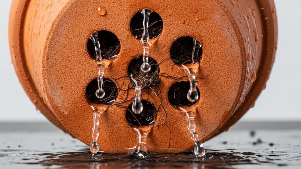 Drainage holes in plant pots helping prevent overwatered soil
