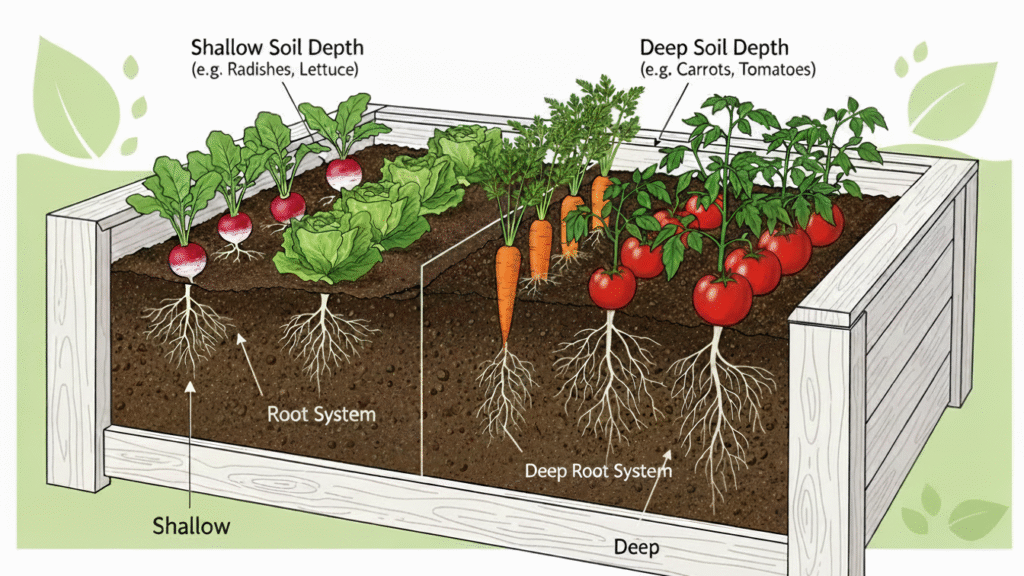 Illustration showing proper soil depth for vegetables in raised beds
