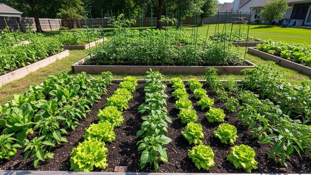 Healthy raised bed vegetable garden showing proper soil and spacing