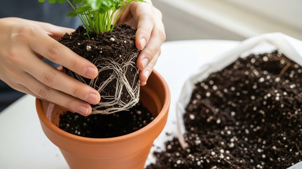 Repotting an overwatered plant into fresh well-draining soil