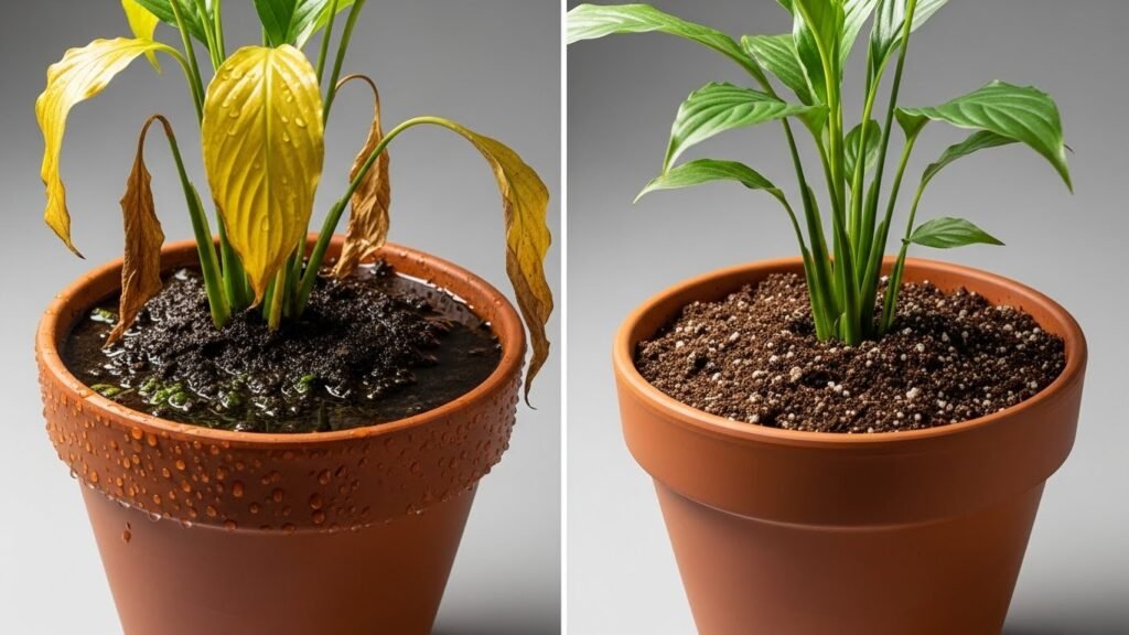 Soggy compacted soil compared with healthy well-draining soil in plant pots