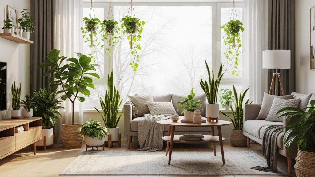 Winter indoor plant care with healthy houseplants near natural light