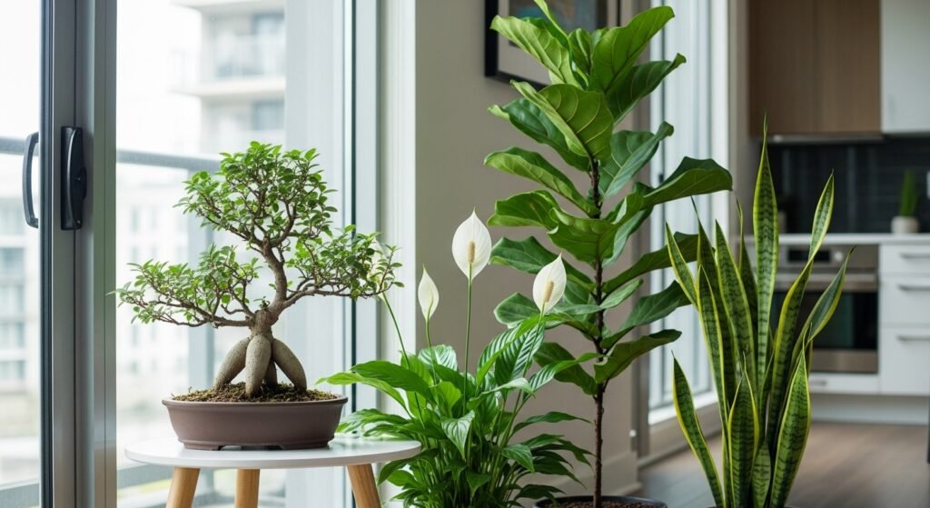 Stylish indoor corner with Kamini bonsai, fiddle leaf fig, peace lily, and snake plant near a bright window
