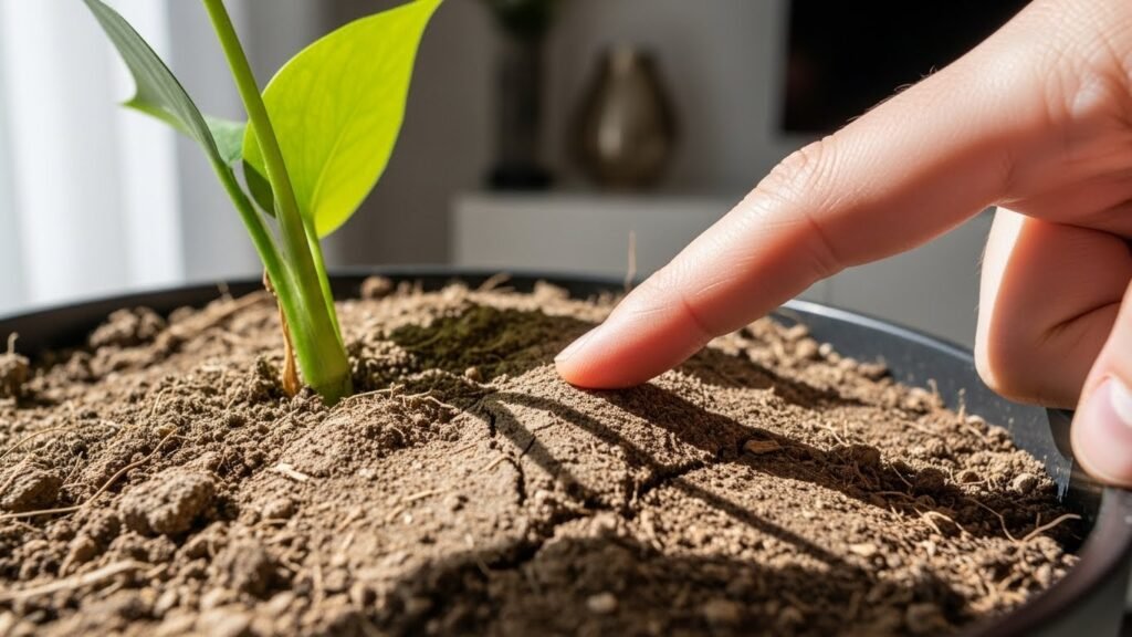 Checking soil moisture before watering indoor plants in winter