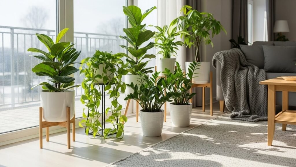 Indoor plants placed near windows for winter light
