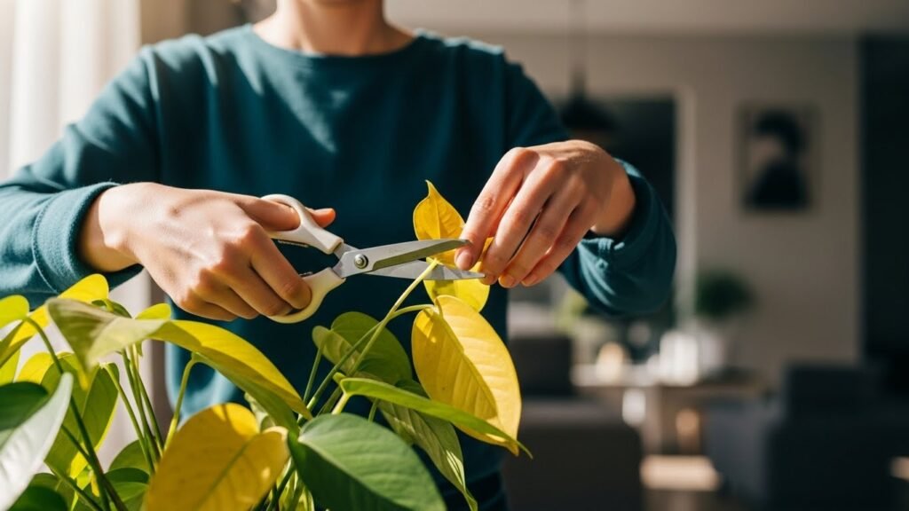 Pruning dead leaves from indoor plants in winter