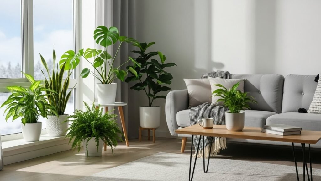 Healthy indoor plants thriving during winter indoors